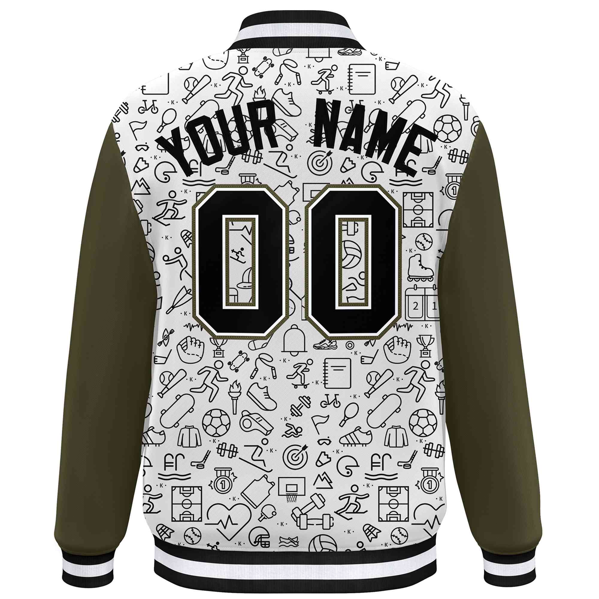 Custom White Olive-Black Line Graffiti Pattern Varsity Raglan Sleeves Letterman Baseball Jacket