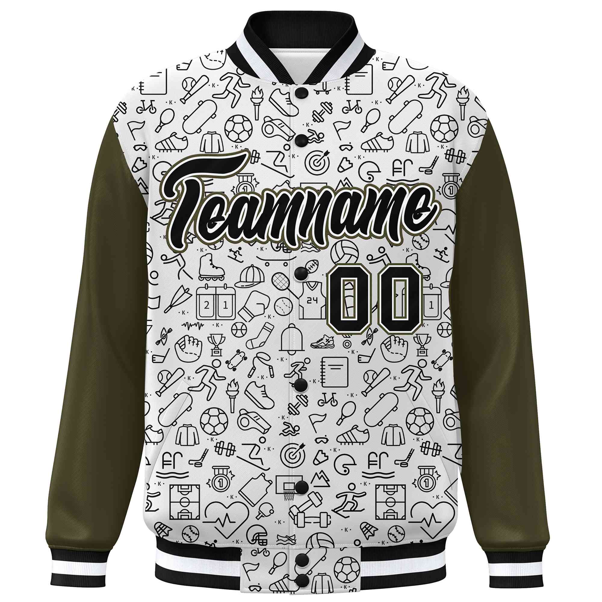 Custom White Olive-Black Line Graffiti Pattern Varsity Raglan Sleeves Letterman Baseball Jacket