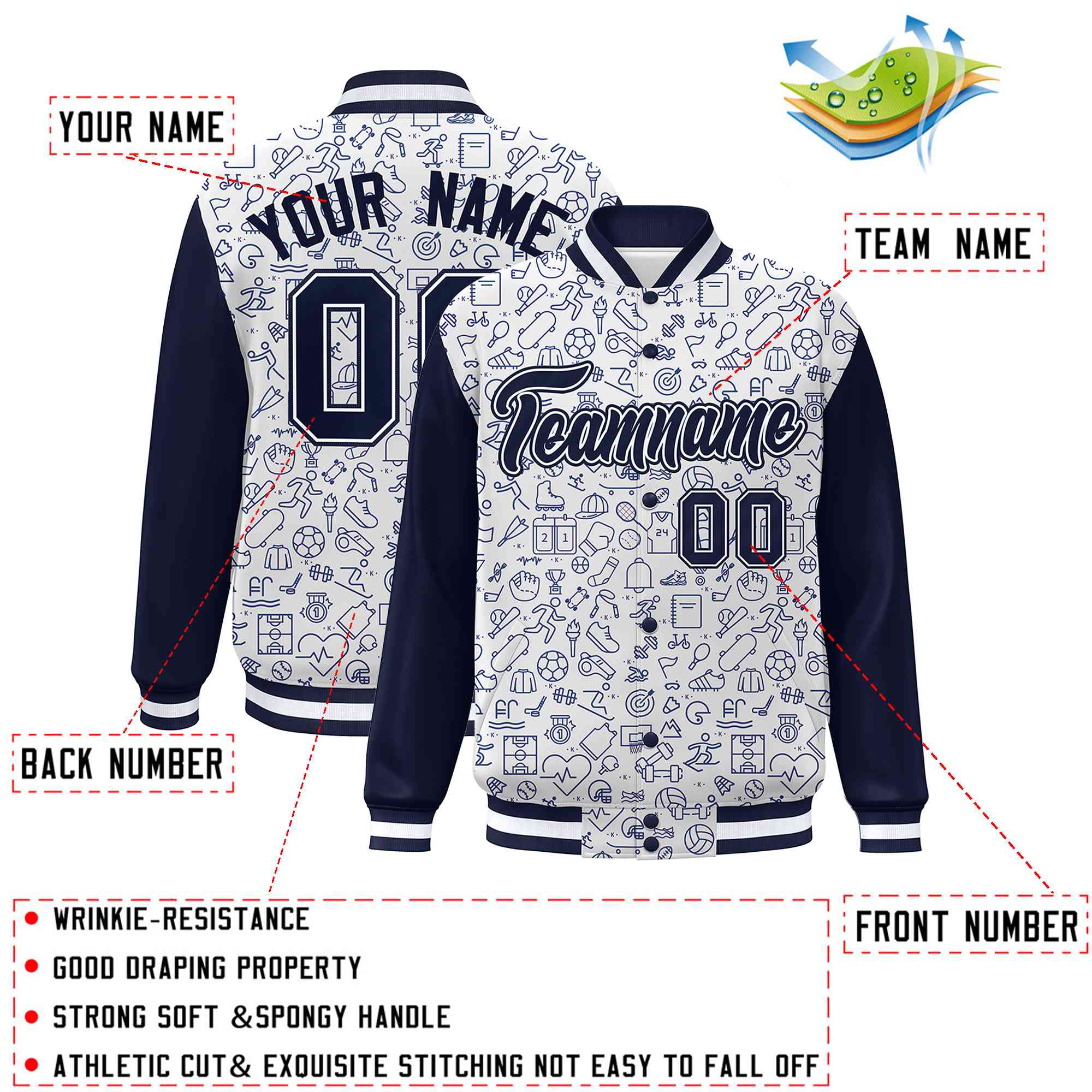 Custom White Navy Line Graffiti Pattern Varsity Raglan Sleeves Letterman Baseball Jacket