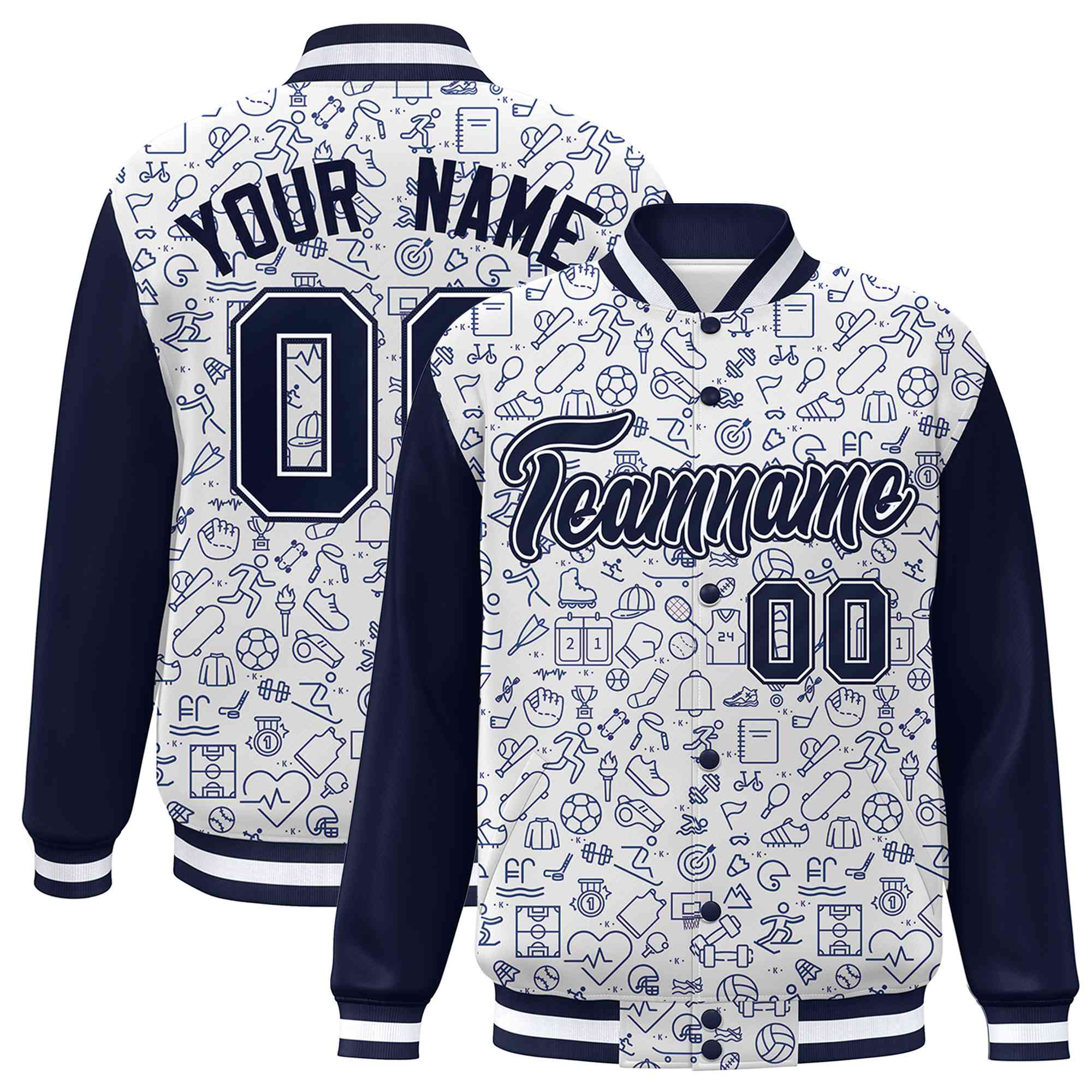 Custom White Navy Line Graffiti Pattern Varsity Raglan Sleeves Letterman Baseball Jacket