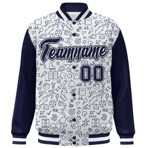 Custom White Navy Line Graffiti Pattern Varsity Raglan Sleeves Letterman Baseball Jacket