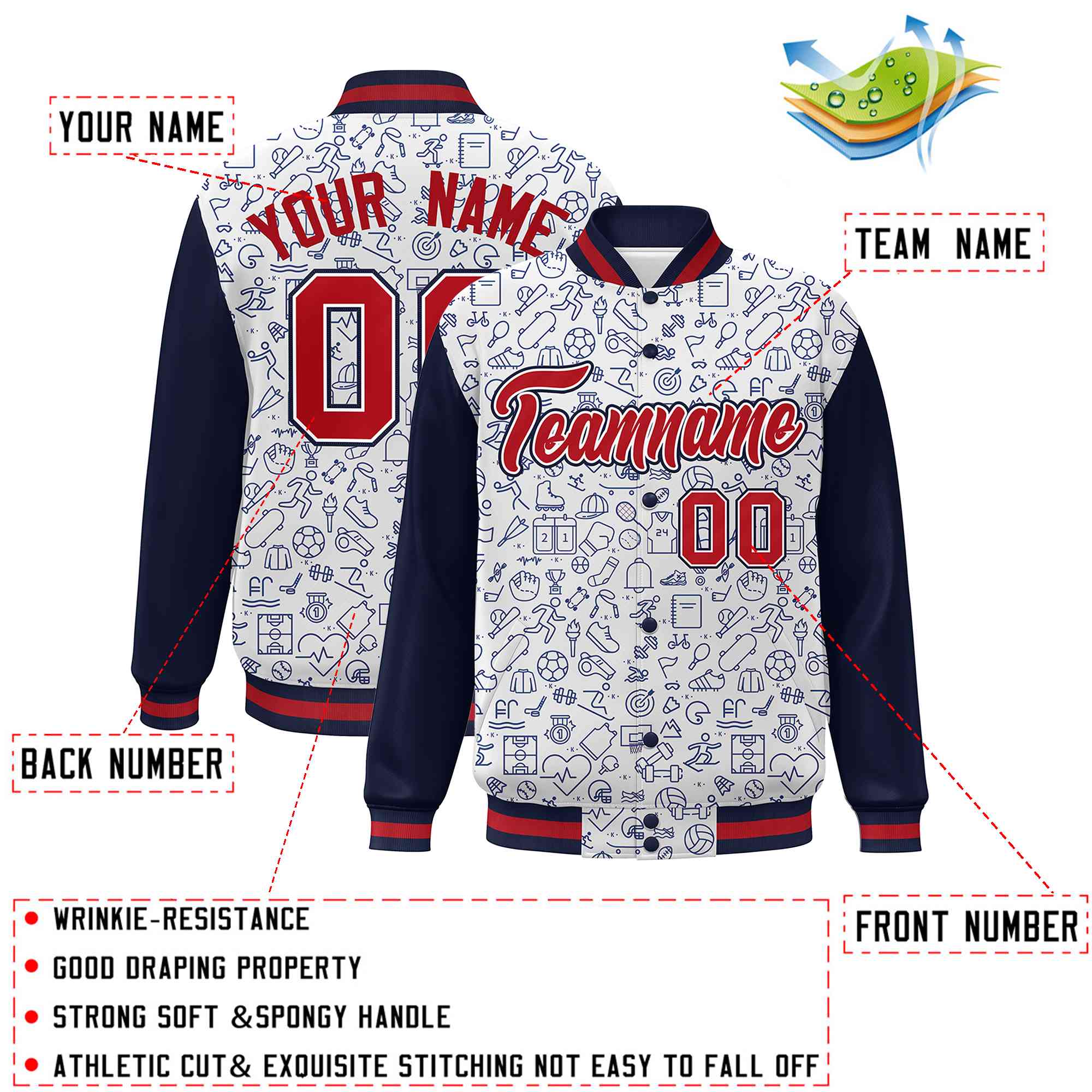 Custom White Navy-Red Line Graffiti Pattern Varsity Raglan Sleeves Letterman Baseball Jacket