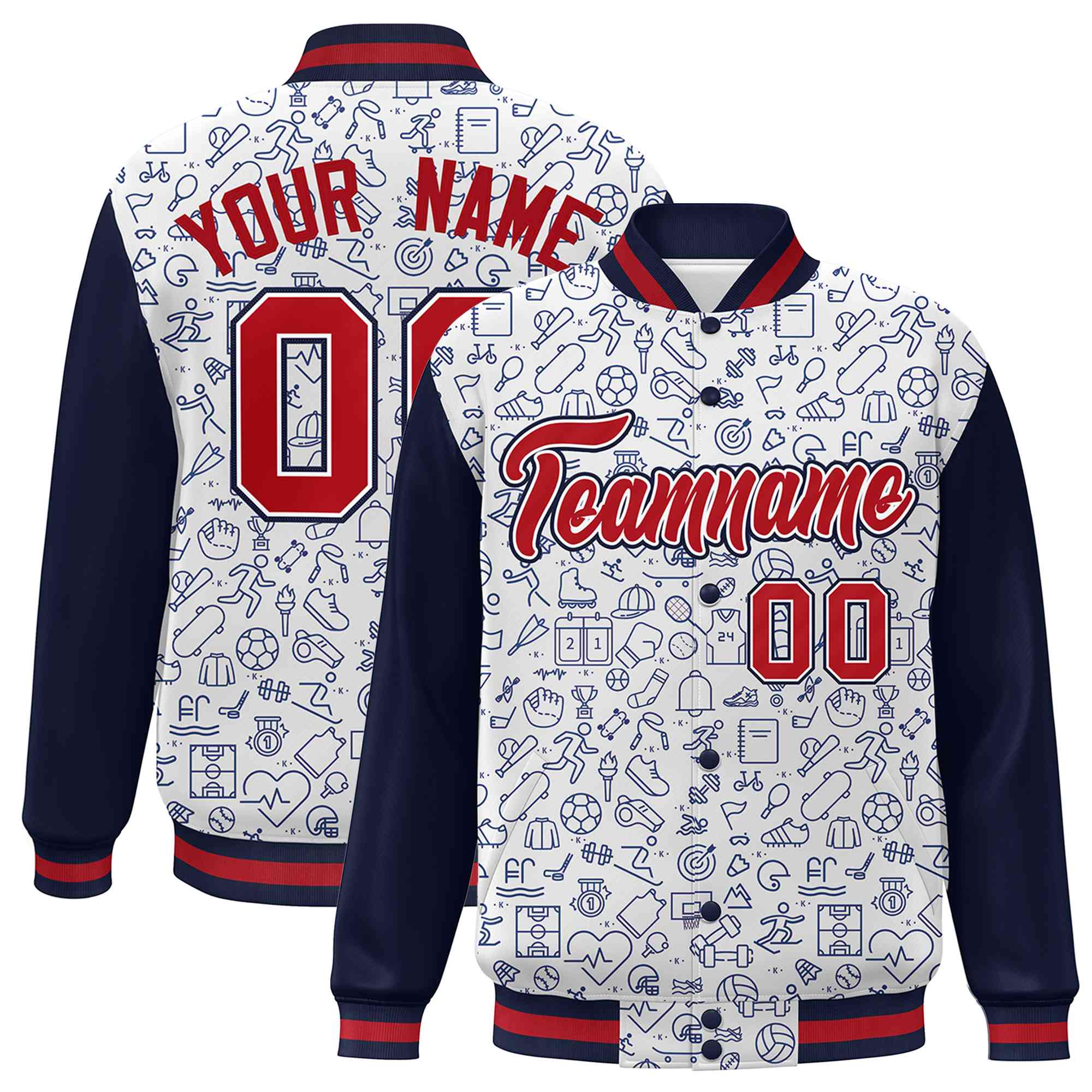 Custom White Navy-Red Line Graffiti Pattern Varsity Raglan Sleeves Letterman Baseball Jacket