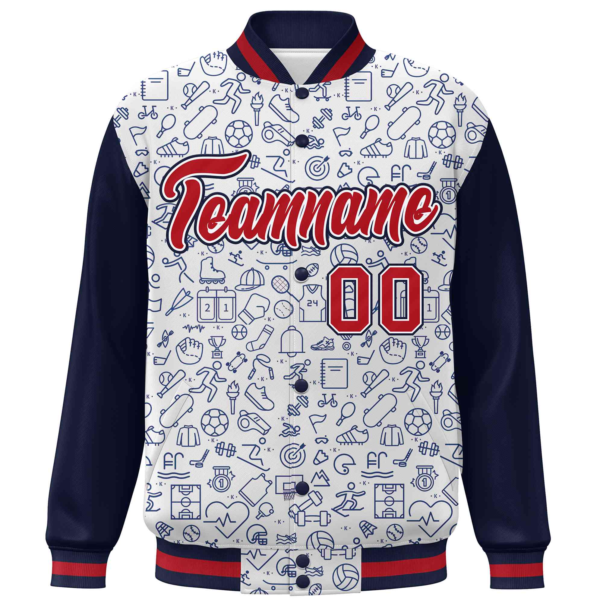 Custom White Navy-Red Line Graffiti Pattern Varsity Raglan Sleeves Letterman Baseball Jacket