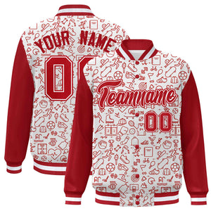 Custom White Red Line Graffiti Pattern Varsity Raglan Sleeves Letterman Baseball Jacket