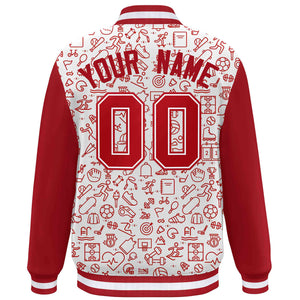 Custom White Red Line Graffiti Pattern Varsity Raglan Sleeves Letterman Baseball Jacket