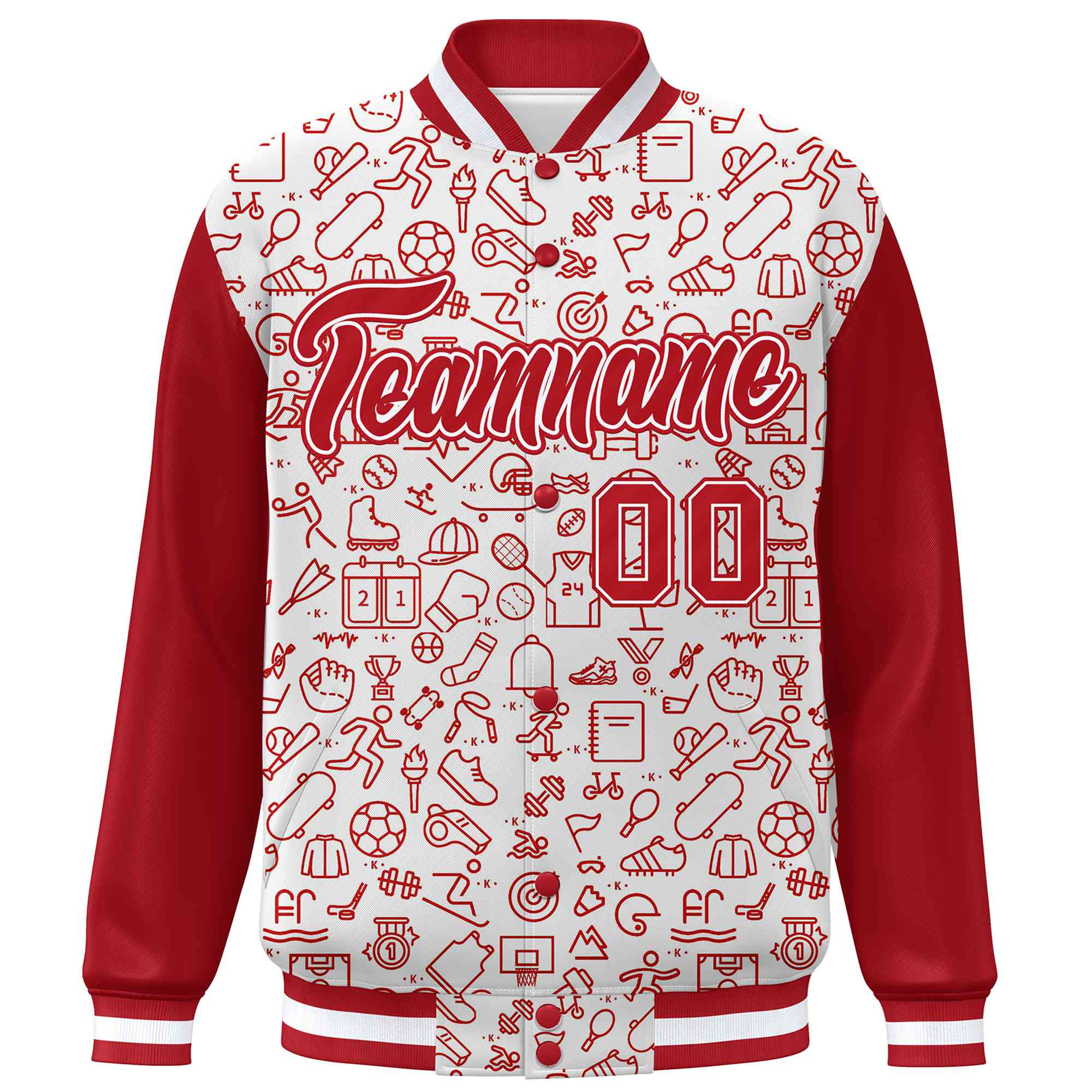 Custom White Red Line Graffiti Pattern Varsity Raglan Sleeves Letterman Baseball Jacket