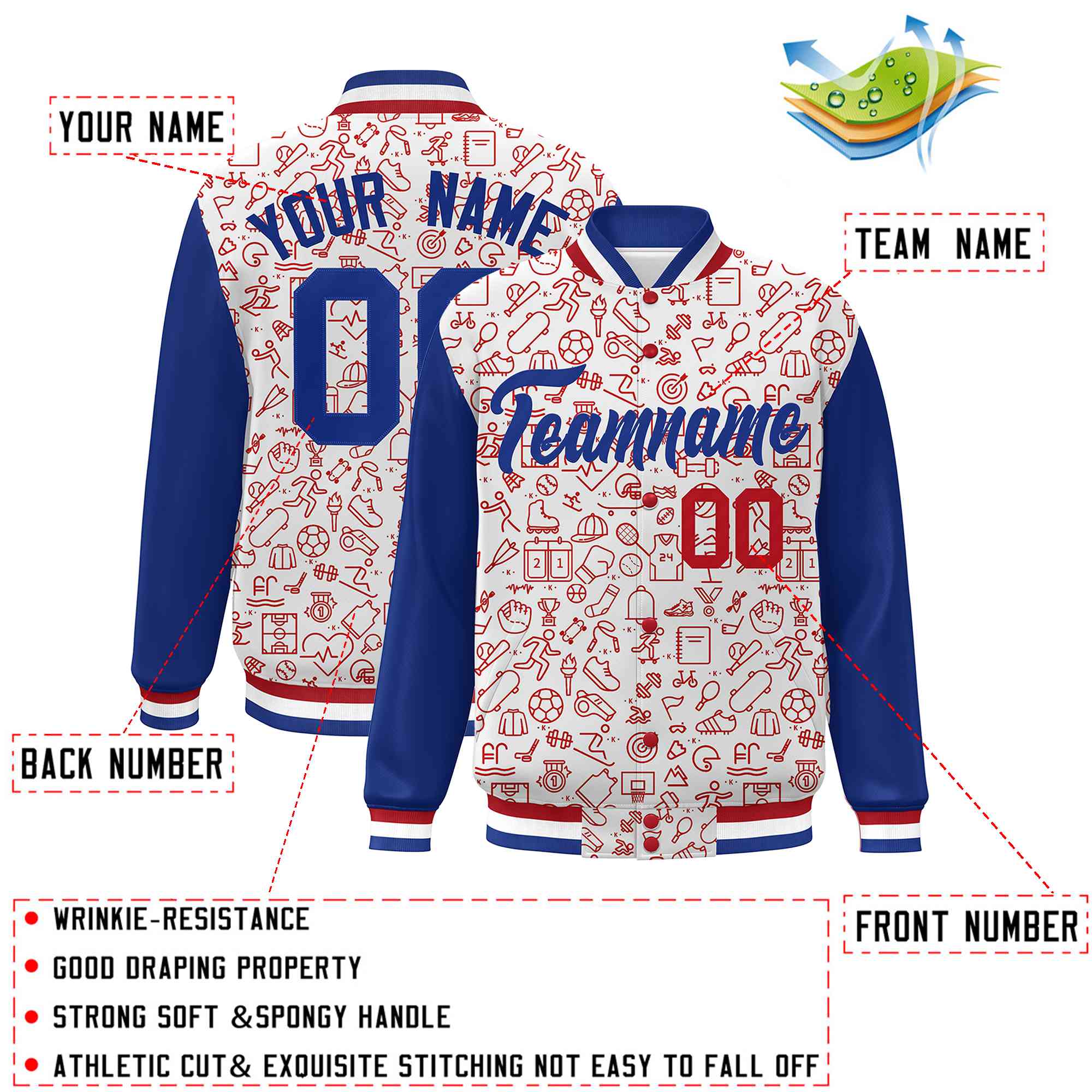 Custom White Royal-Red Line Graffiti Pattern Varsity Raglan Sleeves Letterman Baseball Jacket