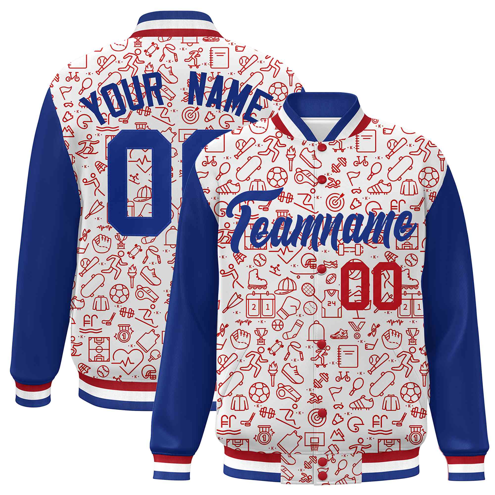 Custom White Royal-Red Line Graffiti Pattern Varsity Raglan Sleeves Letterman Baseball Jacket