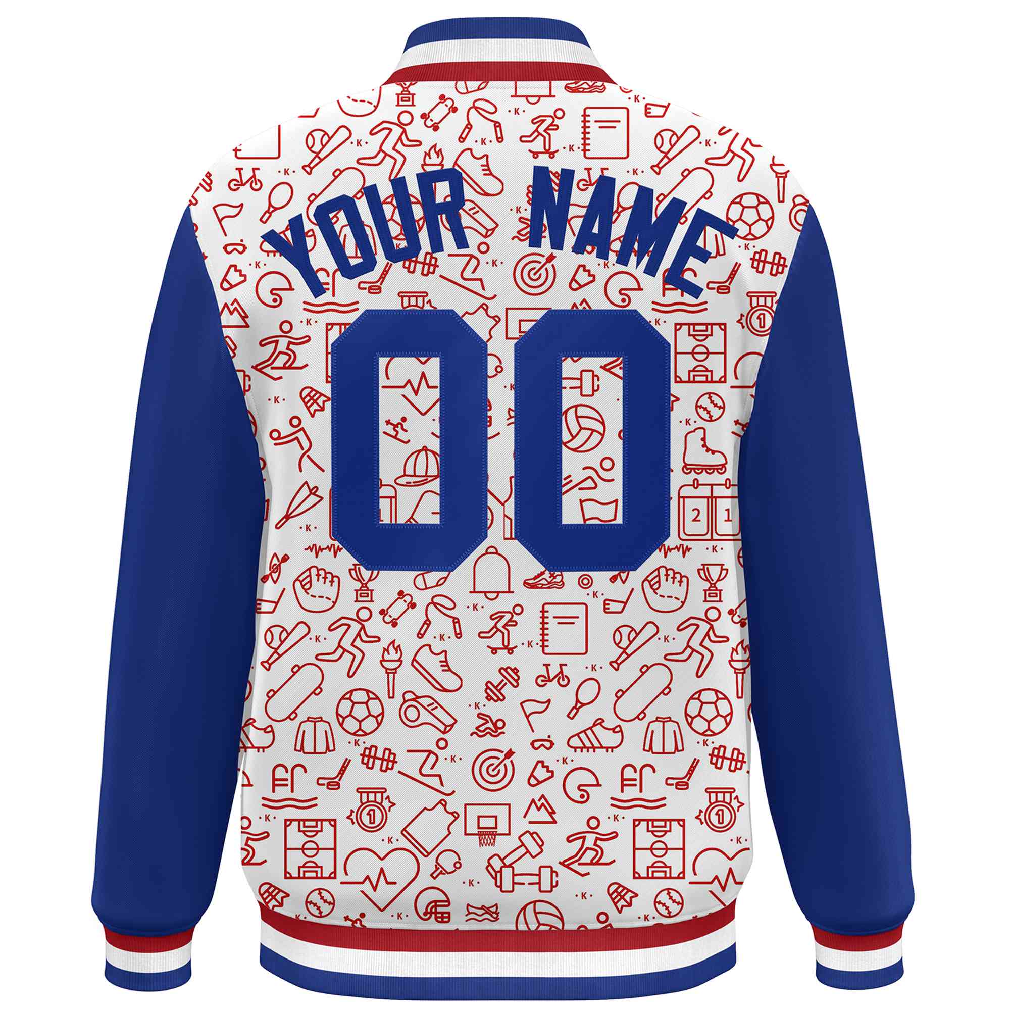 Custom White Royal-Red Line Graffiti Pattern Varsity Raglan Sleeves Letterman Baseball Jacket