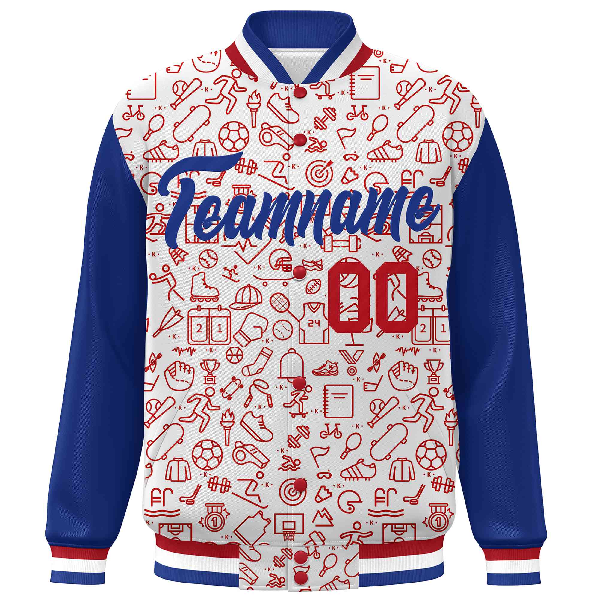 Custom White Royal-Red Line Graffiti Pattern Varsity Raglan Sleeves Letterman Baseball Jacket