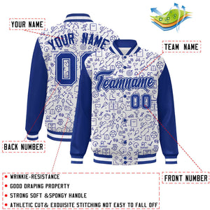 Custom White Royal Line Graffiti Pattern Varsity Raglan Sleeves Letterman Baseball Jacket