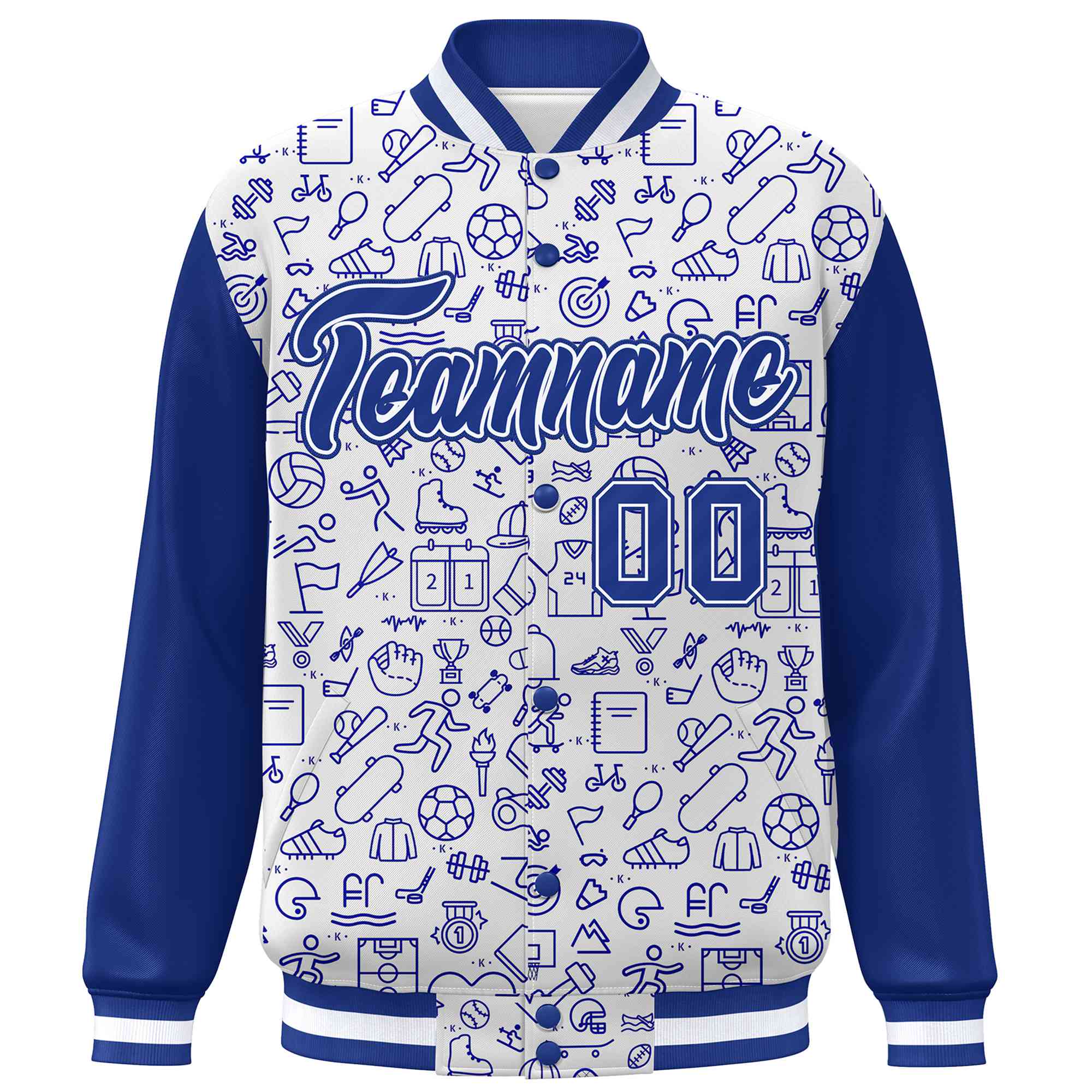 Custom White Royal Line Graffiti Pattern Varsity Raglan Sleeves Letterman Baseball Jacket