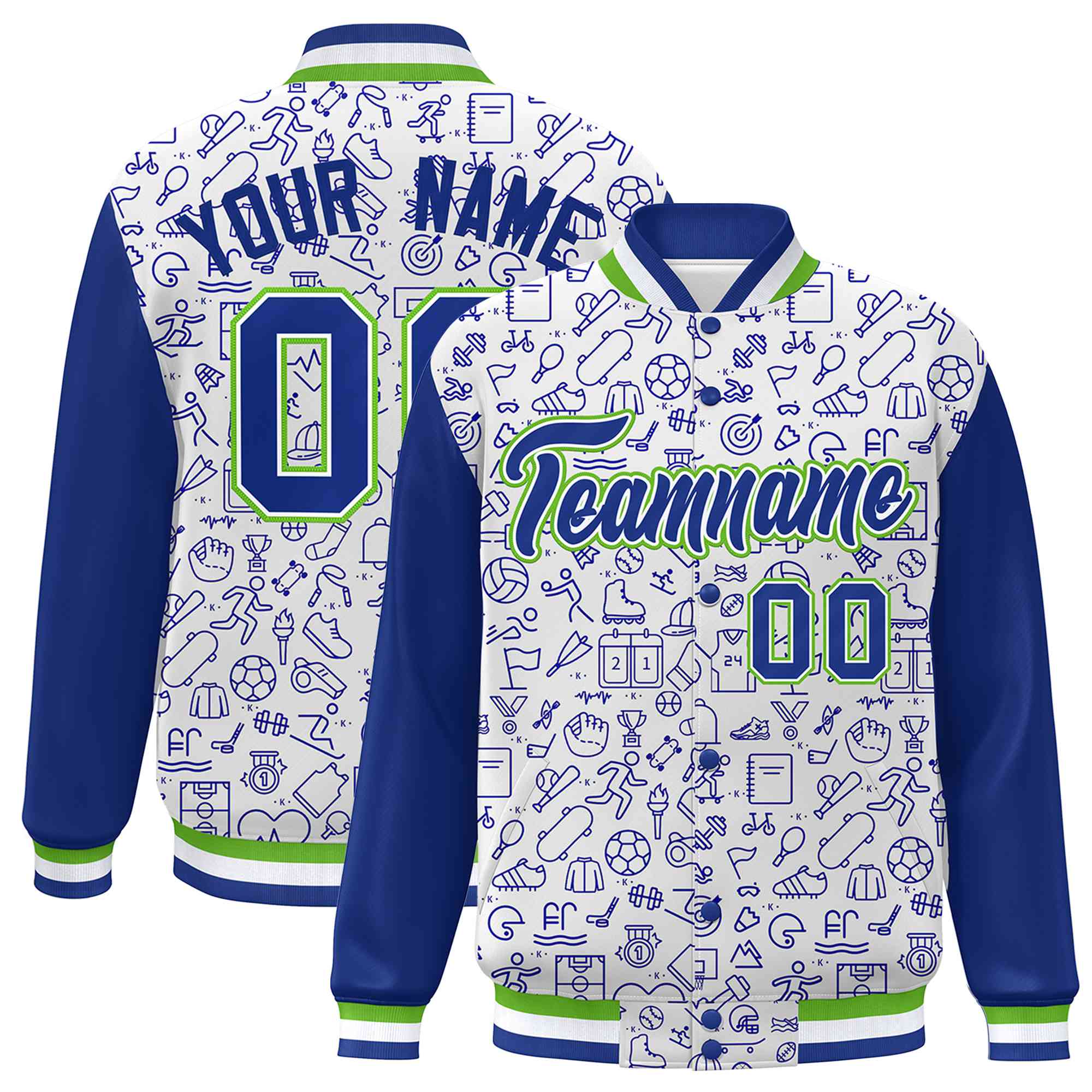 Custom White Royal Line Graffiti Pattern Varsity Raglan Sleeves Letterman Baseball Jacket