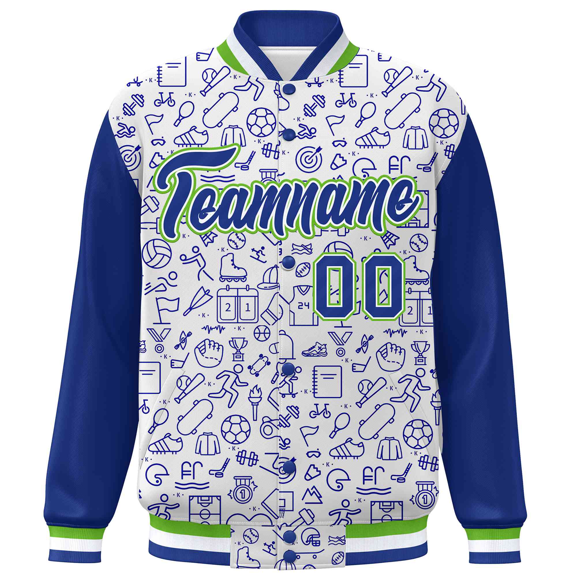 Custom White Royal Line Graffiti Pattern Varsity Raglan Sleeves Letterman Baseball Jacket