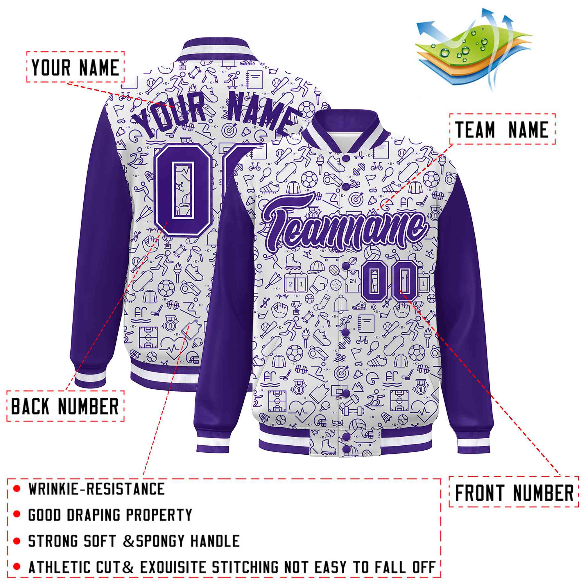 Custom White Purple Line Graffiti Pattern Varsity Raglan Sleeves Letterman Baseball Jacket