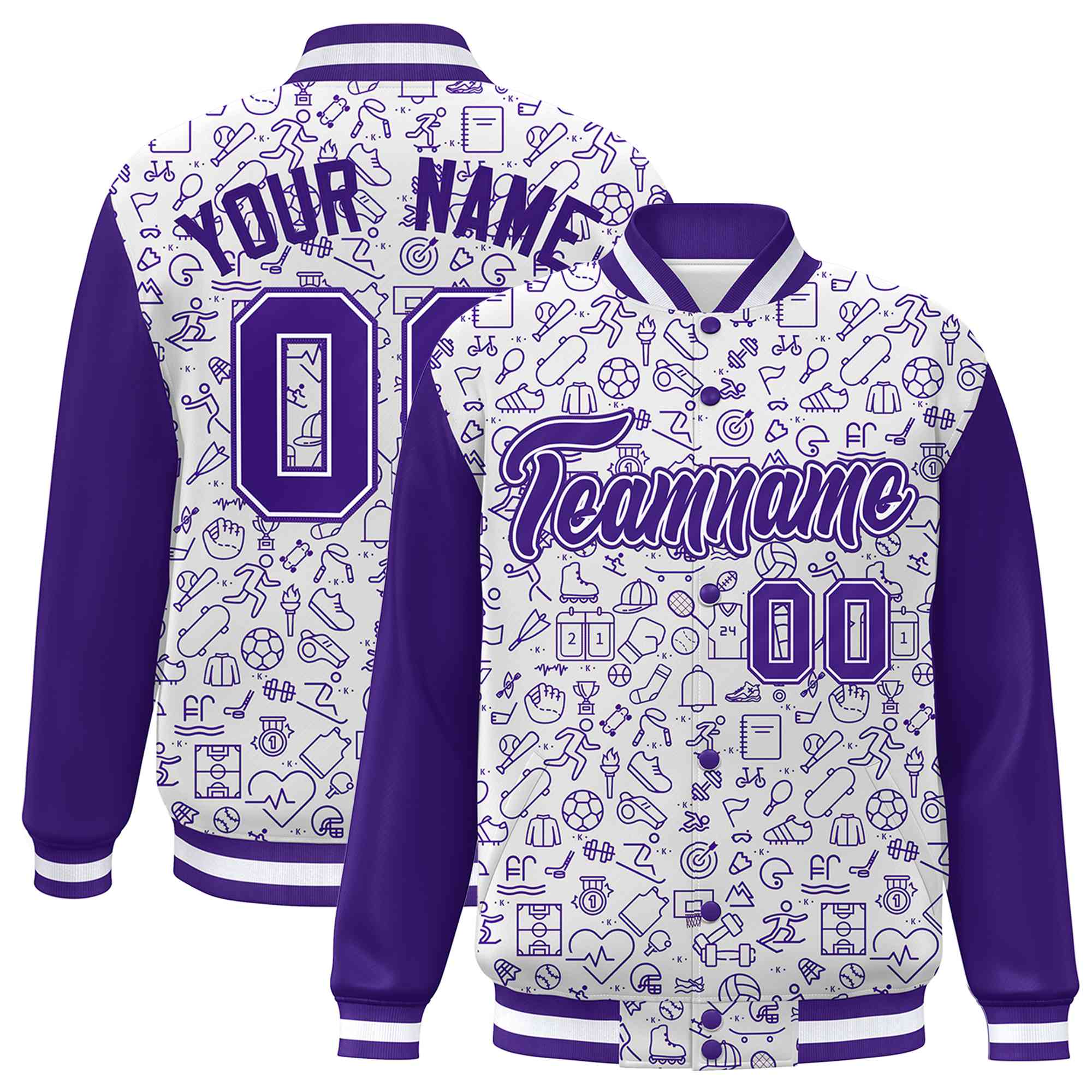 Custom White Purple Line Graffiti Pattern Varsity Raglan Sleeves Letterman Baseball Jacket