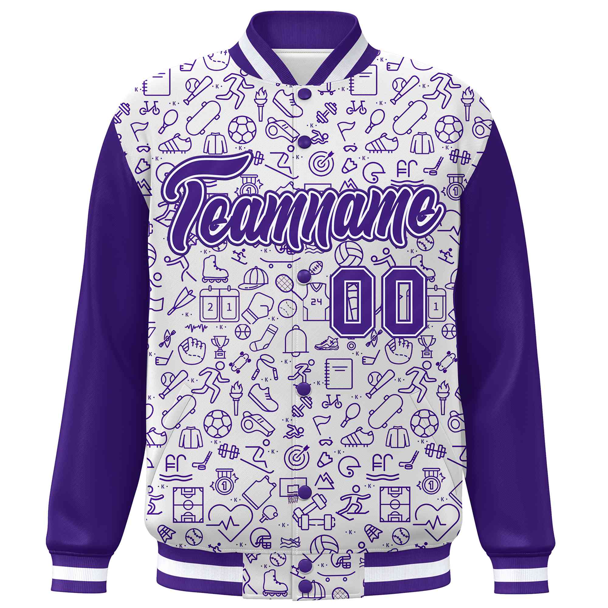 Custom White Purple Line Graffiti Pattern Varsity Raglan Sleeves Letterman Baseball Jacket