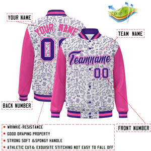 Custom White Pink-Purple Line Graffiti Pattern Varsity Raglan Sleeves Letterman Baseball Jacket