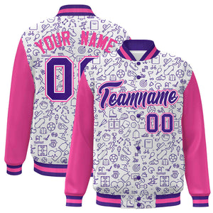 Custom White Pink-Purple Line Graffiti Pattern Varsity Raglan Sleeves Letterman Baseball Jacket