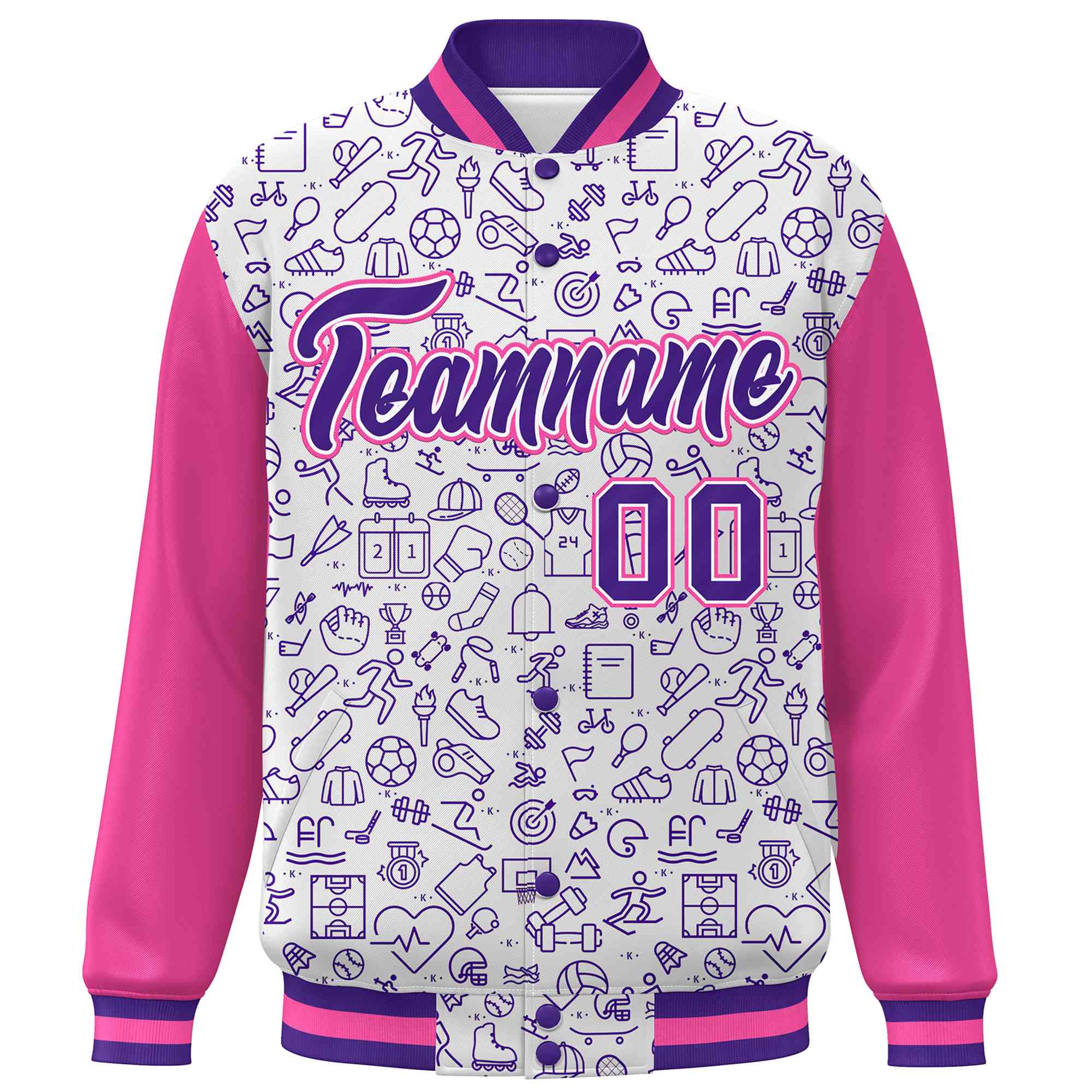 Custom White Pink-Purple Line Graffiti Pattern Varsity Raglan Sleeves Letterman Baseball Jacket