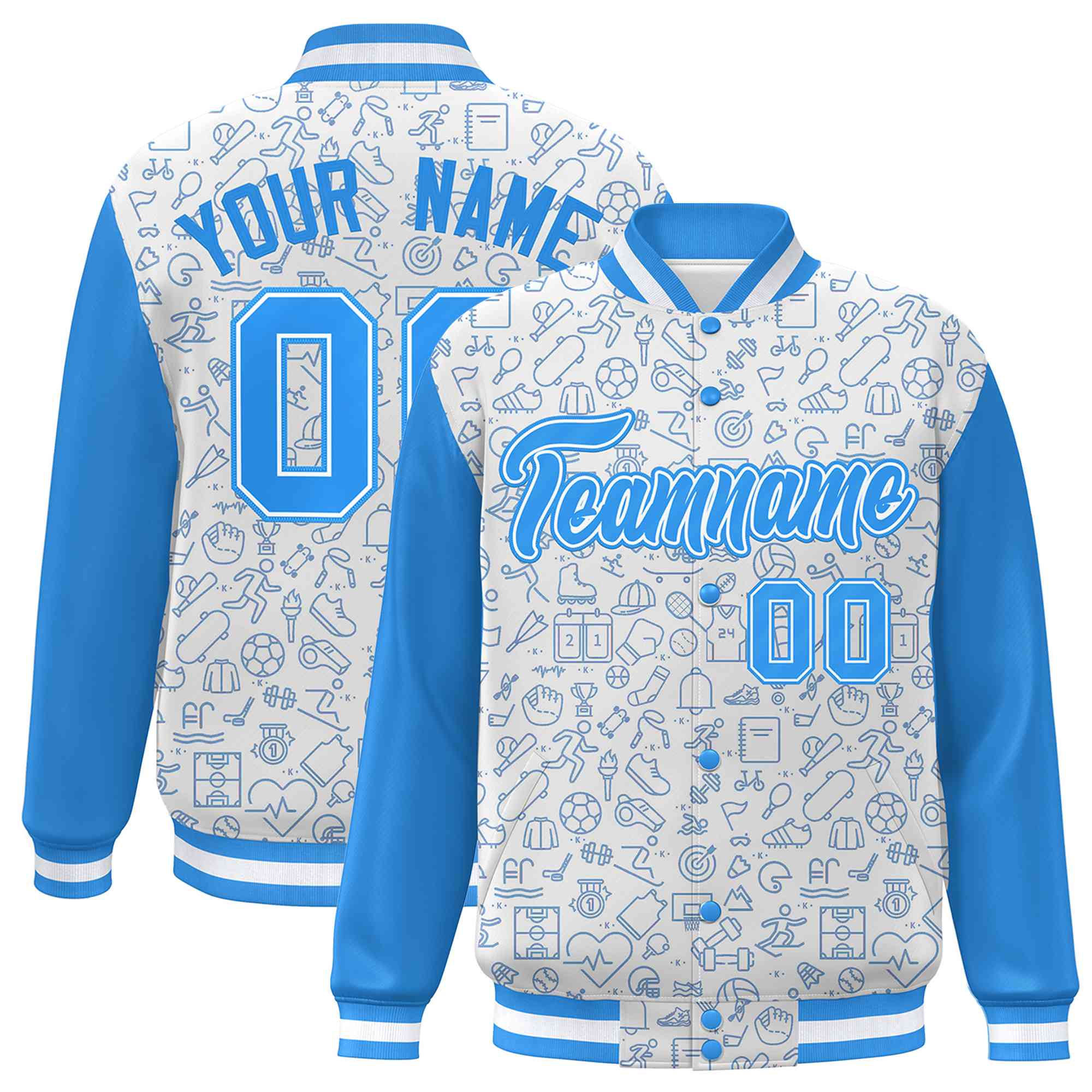 Custom White Powder Blue Line Graffiti Pattern Varsity Raglan Sleeves Letterman Baseball Jacket