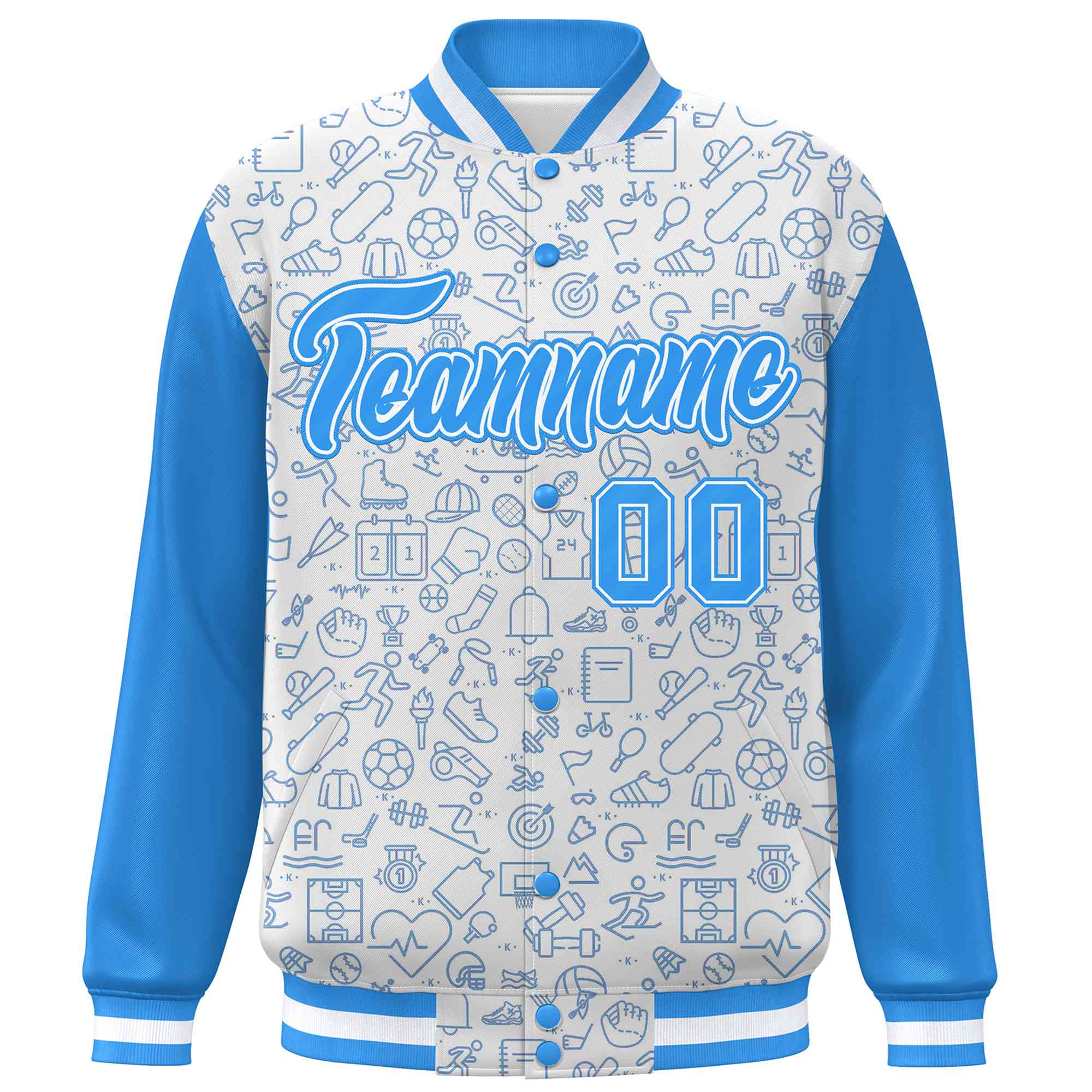 Custom White Powder Blue Line Graffiti Pattern Varsity Raglan Sleeves Letterman Baseball Jacket