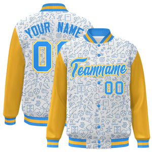 Custom White Gold-Powder Blue Line Graffiti Pattern Varsity Raglan Sleeves Letterman Baseball Jacket