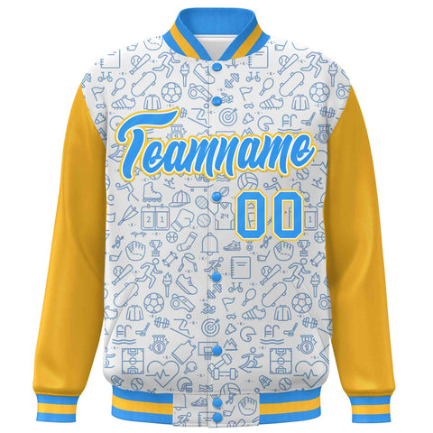 Custom White Gold-Powder Blue Line Graffiti Pattern Varsity Raglan Sleeves Letterman Baseball Jacket