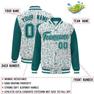 Custom White Aqua Line Graffiti Pattern Varsity Raglan Sleeves Letterman Baseball Jacket