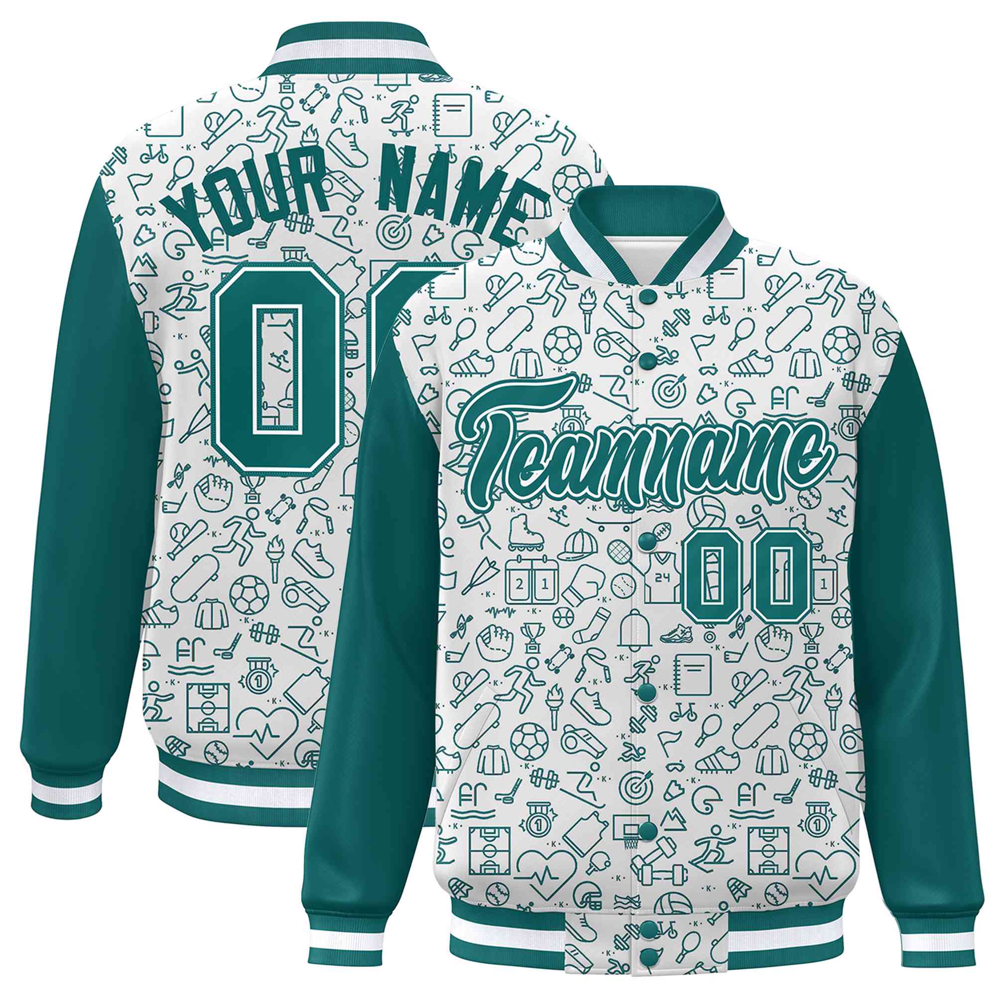 Custom White Aqua Line Graffiti Pattern Varsity Raglan Sleeves Letterman Baseball Jacket