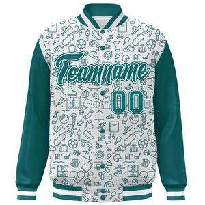 Custom White Aqua Line Graffiti Pattern Varsity Raglan Sleeves Letterman Baseball Jacket