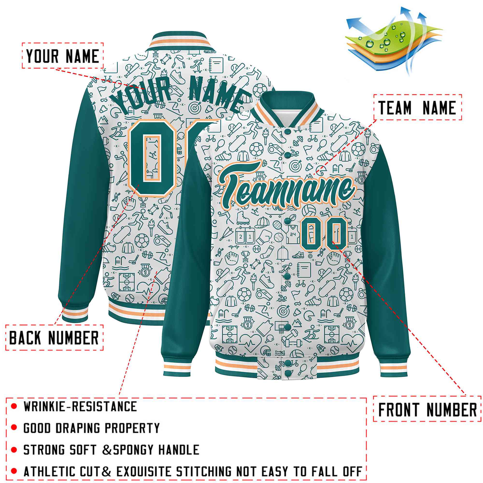 Custom White Aqua Line Graffiti Pattern Varsity Raglan Sleeves Letterman Baseball Jacket