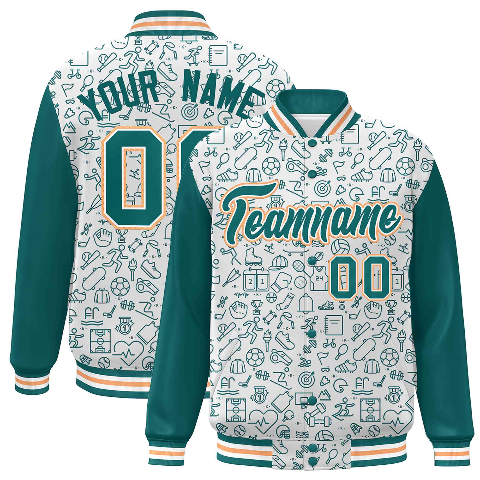 Custom White Aqua Line Graffiti Pattern Varsity Raglan Sleeves Letterman Baseball Jacket