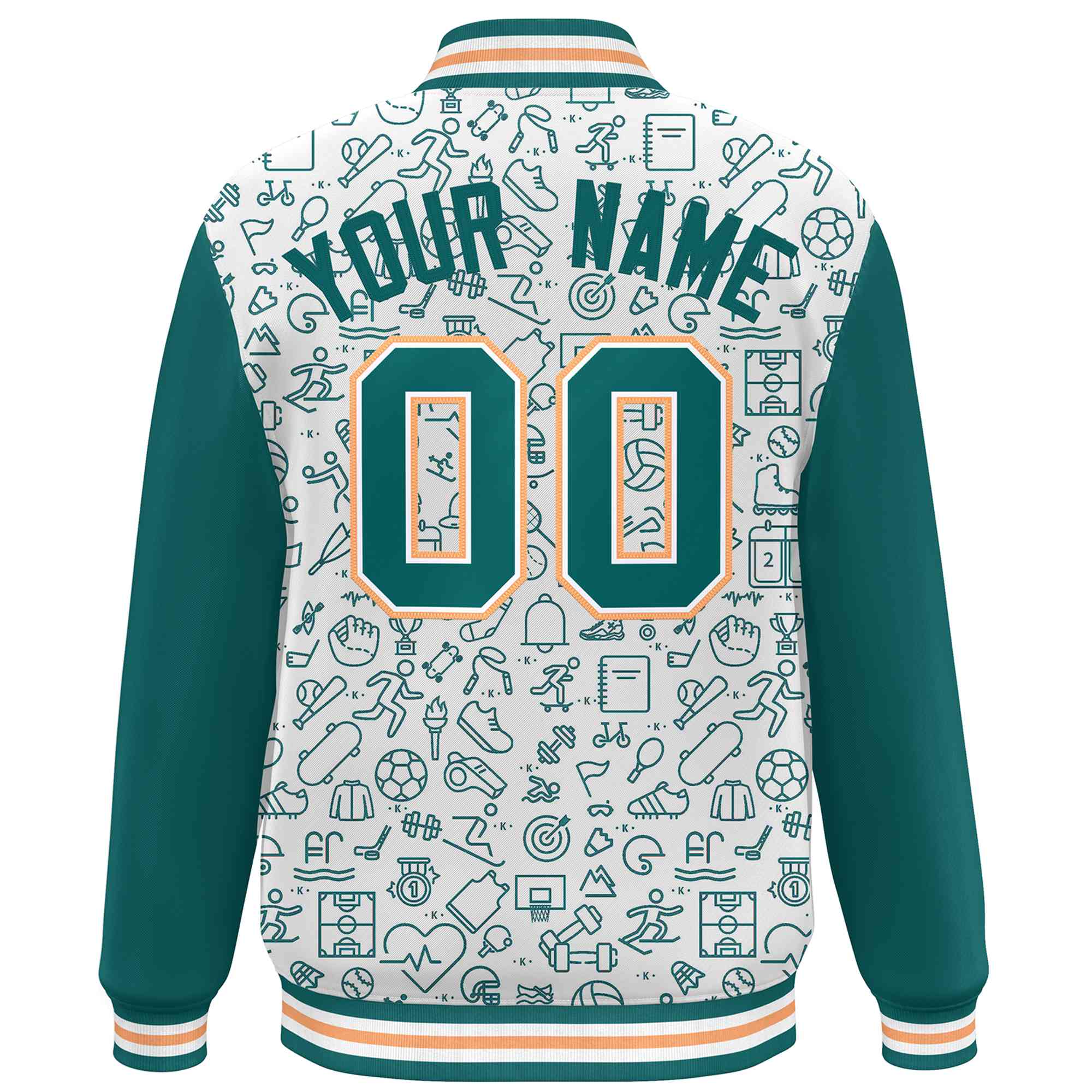 Custom White Aqua Line Graffiti Pattern Varsity Raglan Sleeves Letterman Baseball Jacket