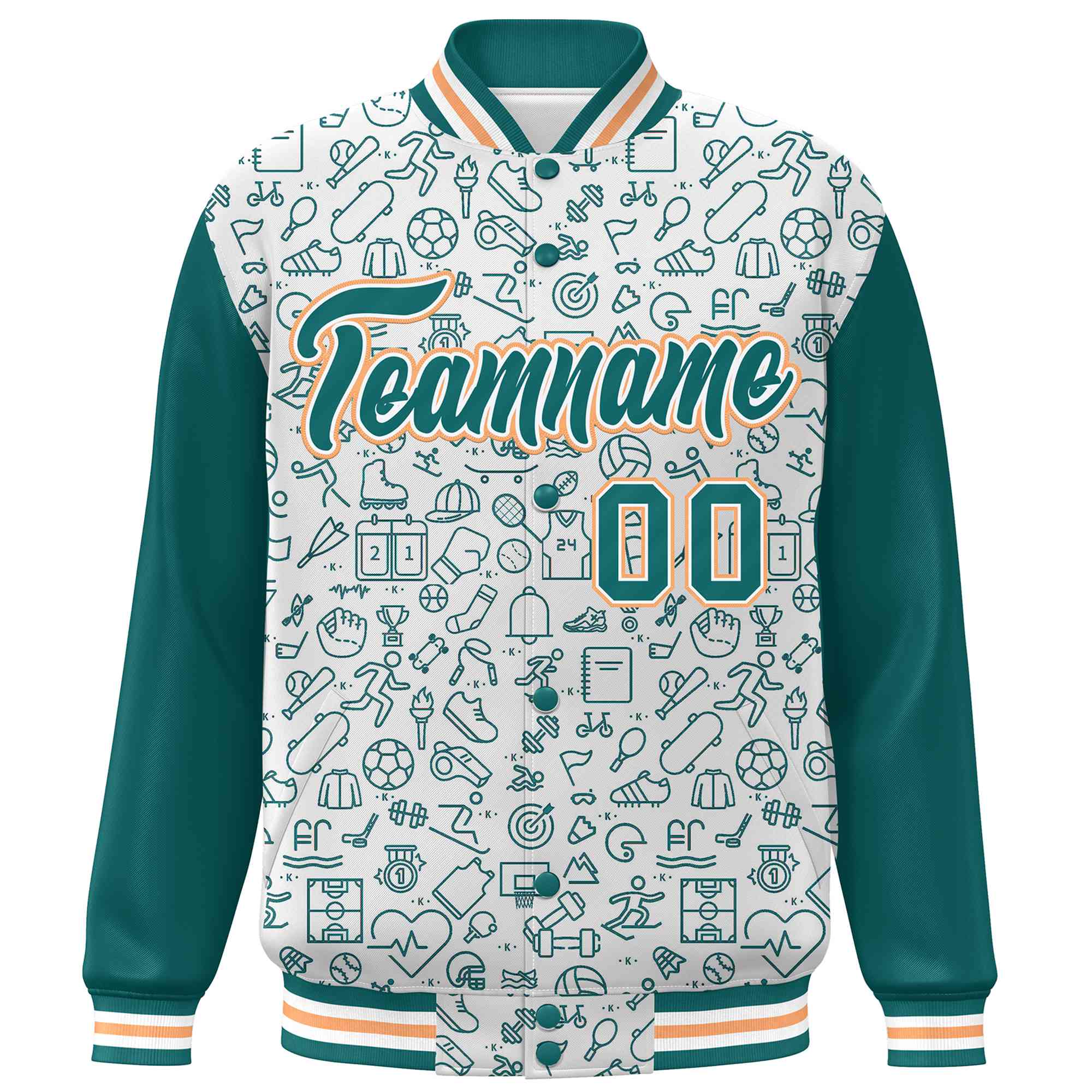 Custom White Aqua Line Graffiti Pattern Varsity Raglan Sleeves Letterman Baseball Jacket