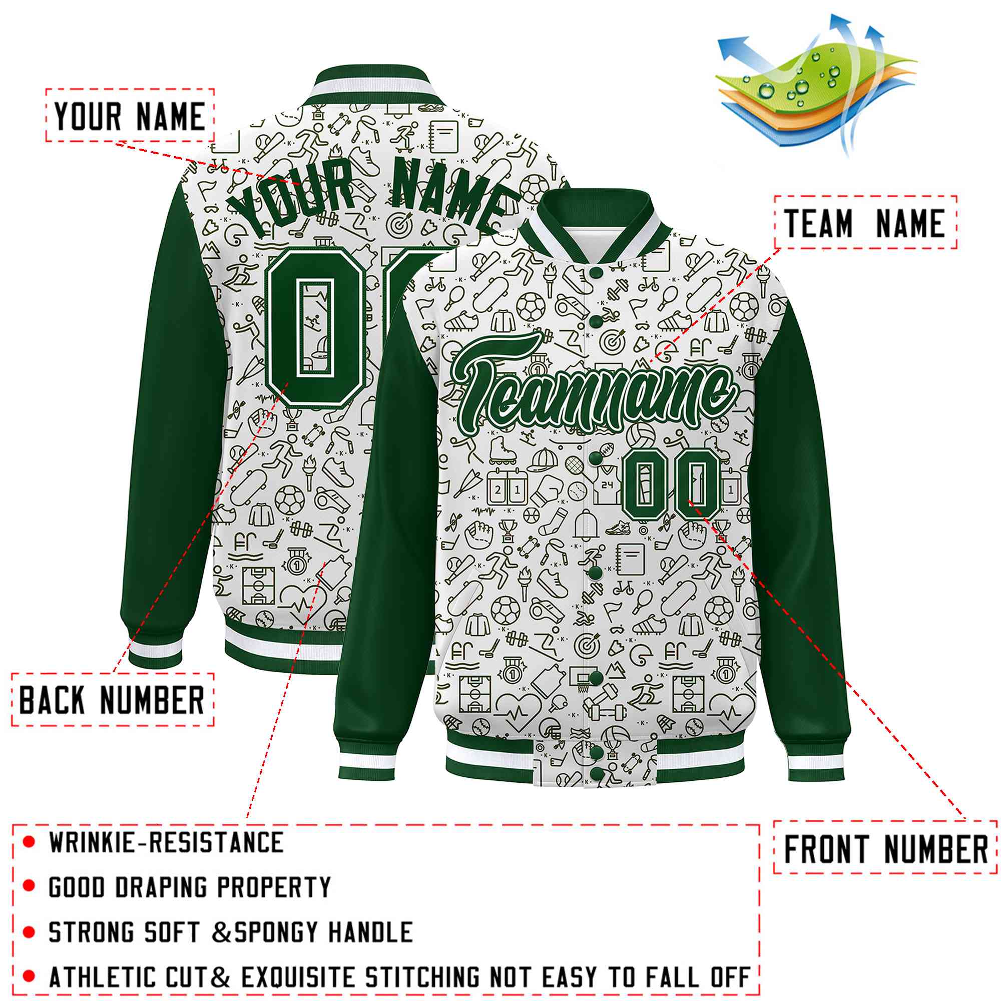 Custom White Green Line Graffiti Pattern Varsity Raglan Sleeves Letterman Baseball Jacket