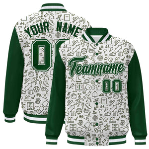 Custom White Green Line Graffiti Pattern Varsity Raglan Sleeves Letterman Baseball Jacket