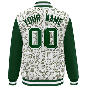 Custom White Green Line Graffiti Pattern Varsity Raglan Sleeves Letterman Baseball Jacket