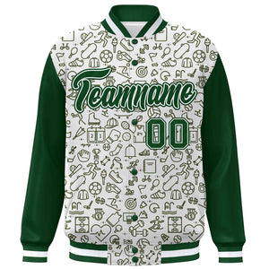 Custom White Green Line Graffiti Pattern Varsity Raglan Sleeves Letterman Baseball Jacket