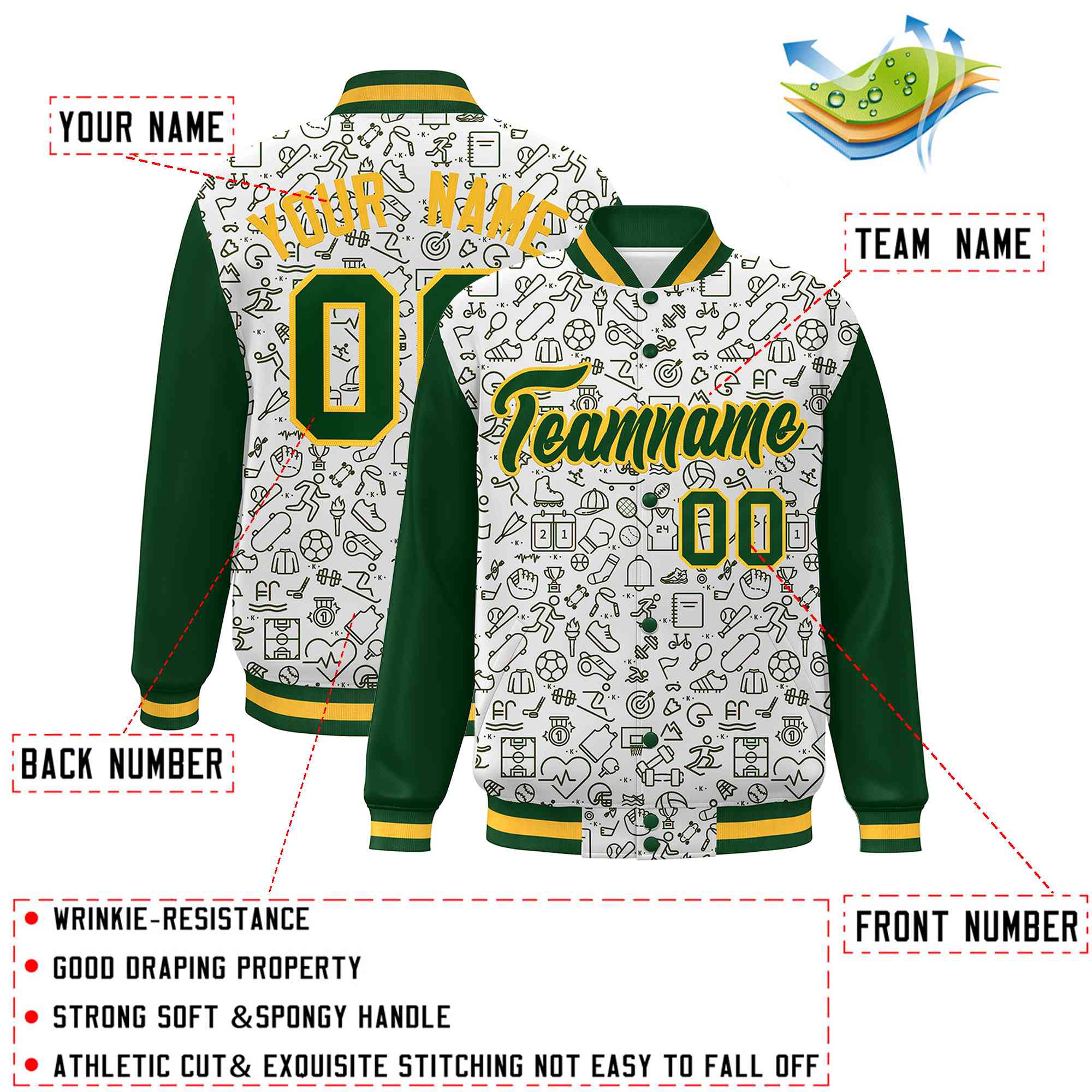 Custom White Green Line Graffiti Pattern Varsity Raglan Sleeves Letterman Baseball Jacket