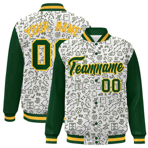 Custom White Green Line Graffiti Pattern Varsity Raglan Sleeves Letterman Baseball Jacket