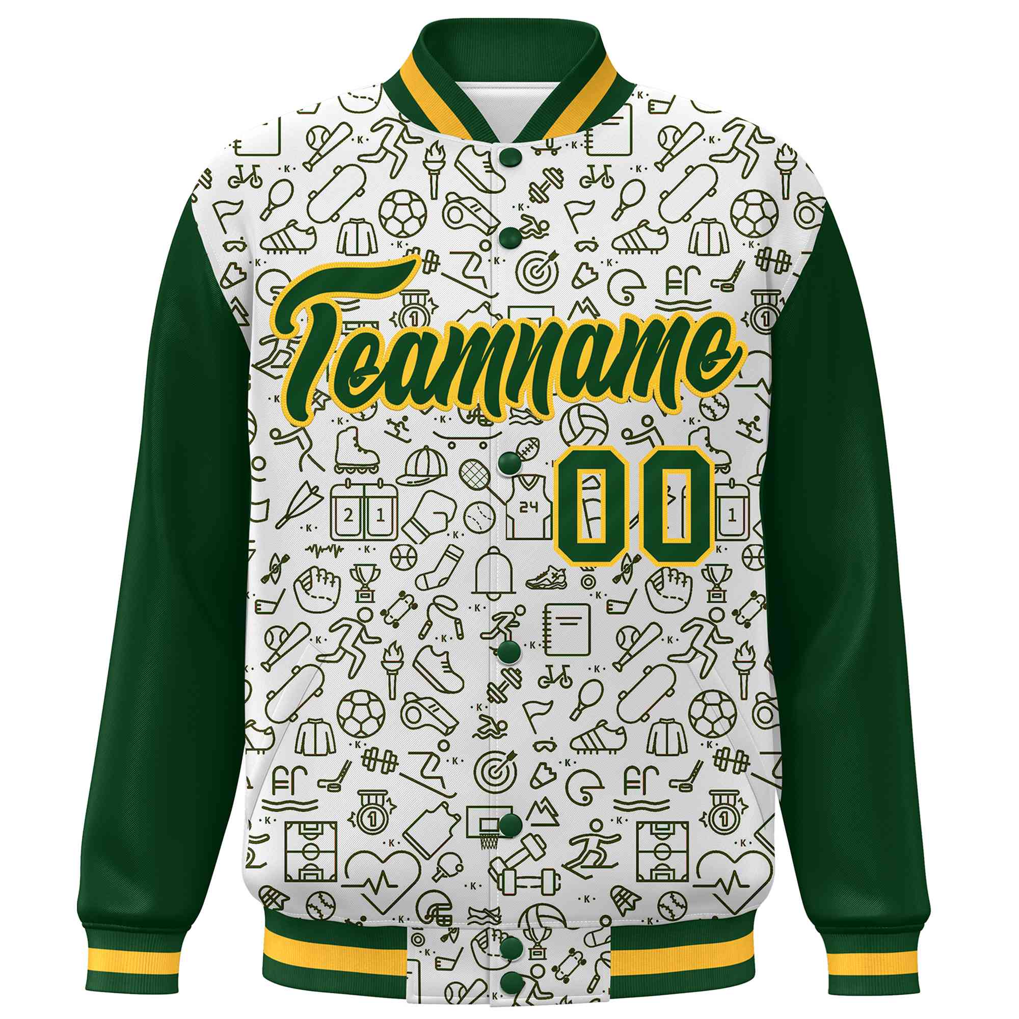 Custom White Green Line Graffiti Pattern Varsity Raglan Sleeves Letterman Baseball Jacket