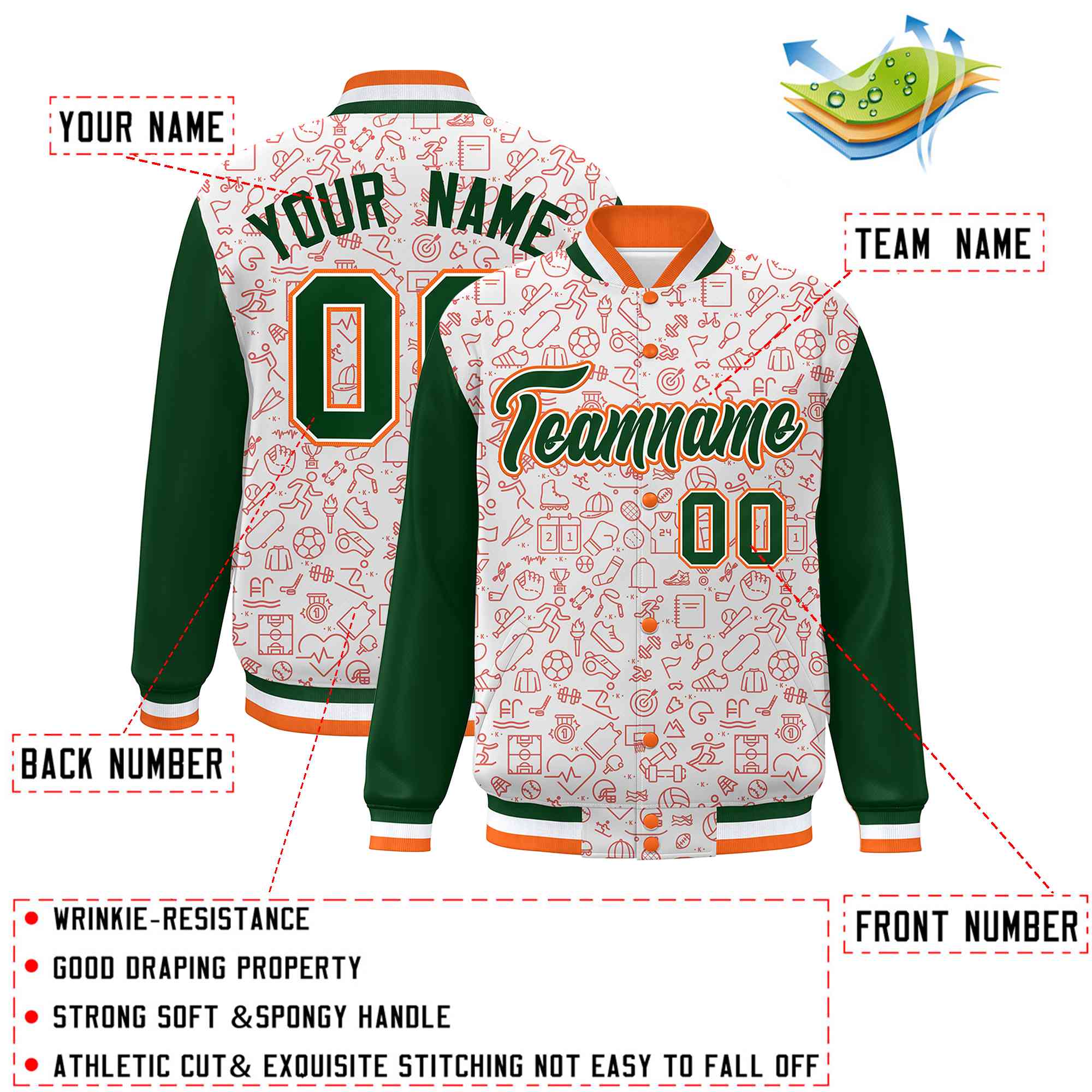 Custom White Green-Orange Line Graffiti Pattern Varsity Raglan Sleeves Letterman Baseball Jacket