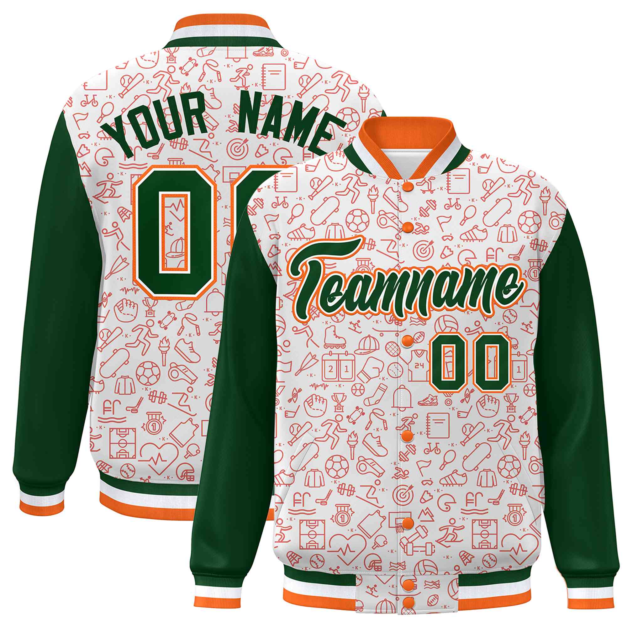 Custom White Green-Orange Line Graffiti Pattern Varsity Raglan Sleeves Letterman Baseball Jacket