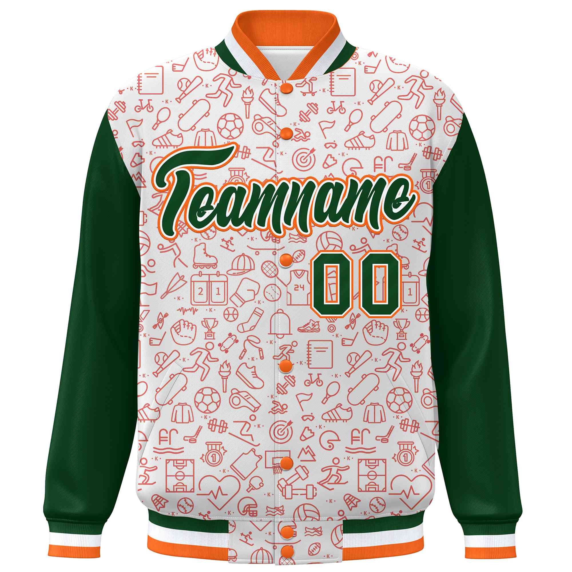 Custom White Green-Orange Line Graffiti Pattern Varsity Raglan Sleeves Letterman Baseball Jacket