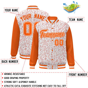 Custom White Orange Line Graffiti Pattern Varsity Raglan Sleeves Letterman Baseball Jacket