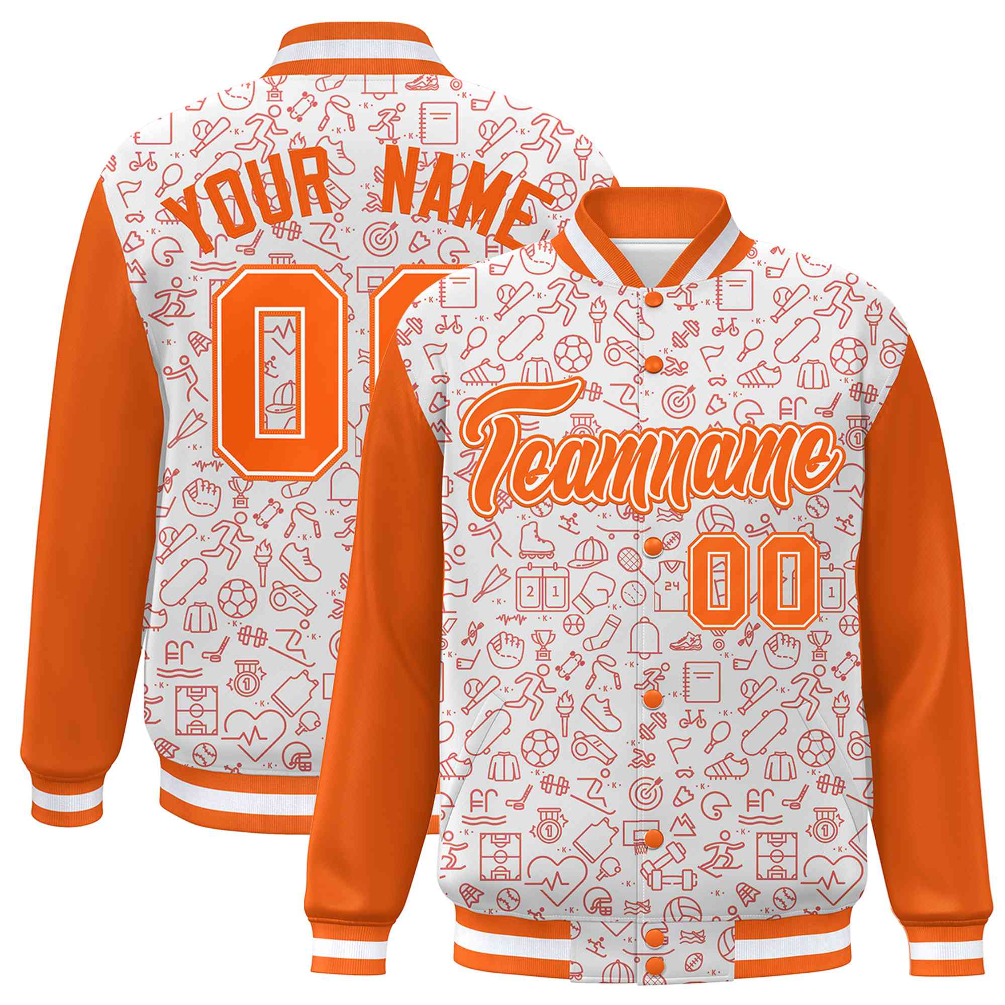 Custom White Orange Line Graffiti Pattern Varsity Raglan Sleeves Letterman Baseball Jacket