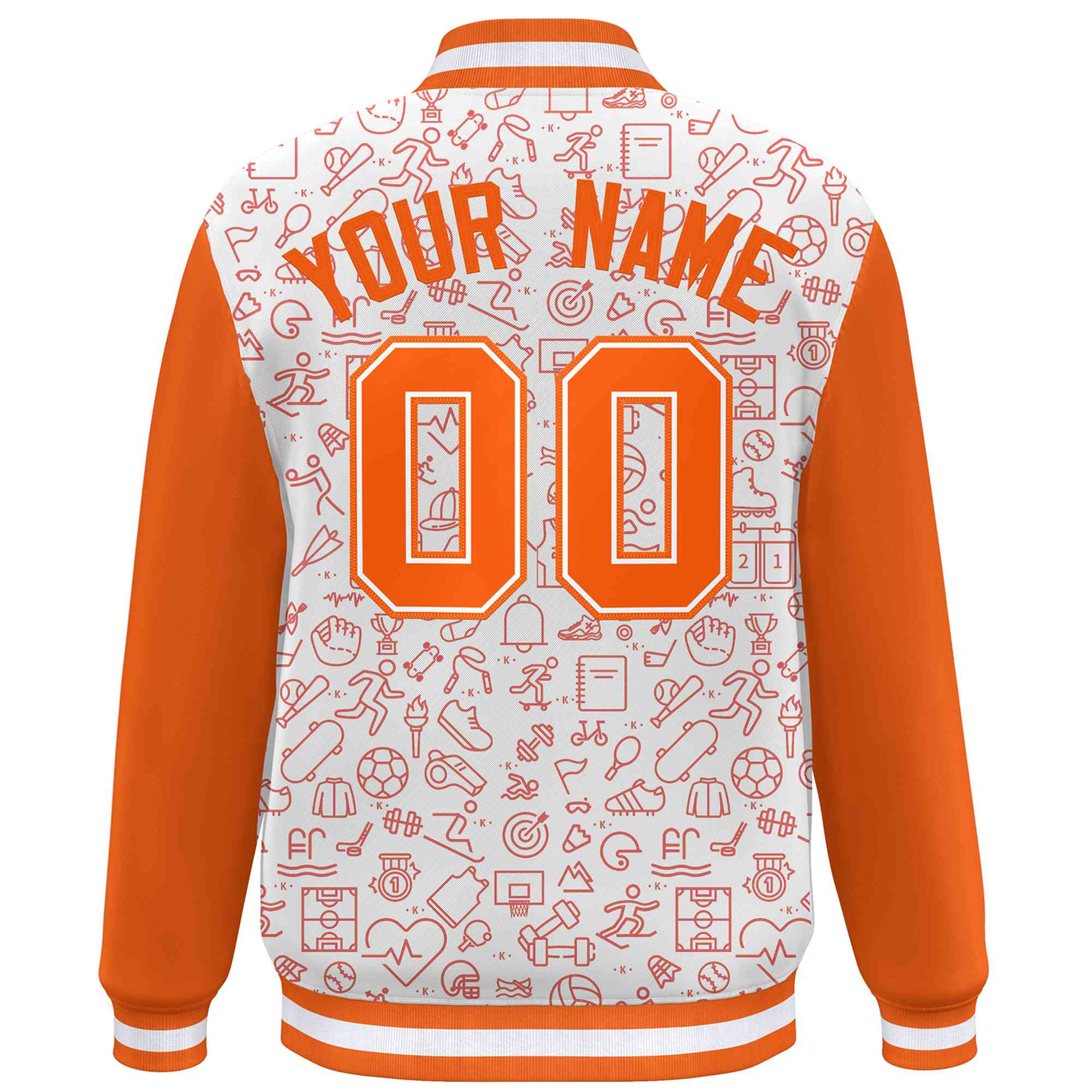 Custom White Orange Line Graffiti Pattern Varsity Raglan Sleeves Letterman Baseball Jacket