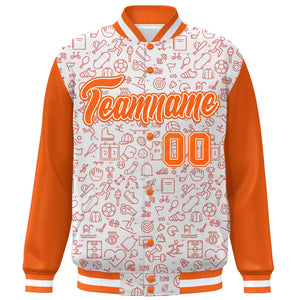 Custom White Orange Line Graffiti Pattern Varsity Raglan Sleeves Letterman Baseball Jacket